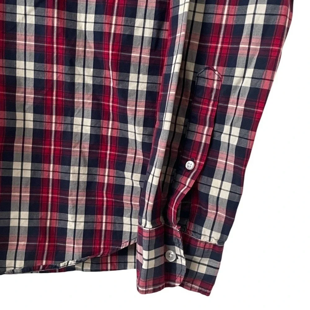 J. Crew Men's Red Navy White Plaid Casual Slim Pocket Button Down Shirt Size M‎